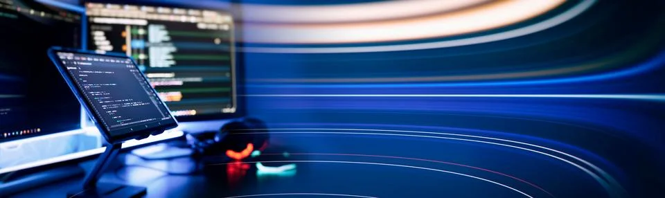 Work from home. Programmer coding code on notebook screen at home. Stock Photos