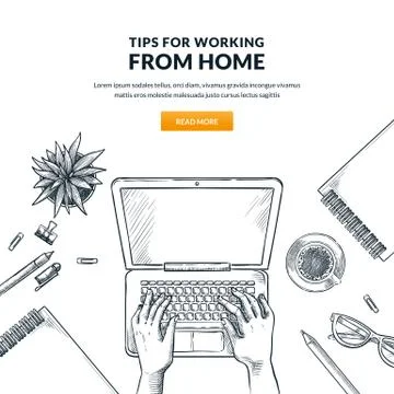 Work at home, remote work, freelance concept. Man or woman working on laptop. Stock Illustration