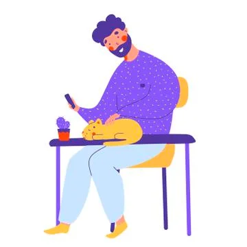 Work from home with smartphone app, flat vector cartoon style. Business concept. Stock Illustration