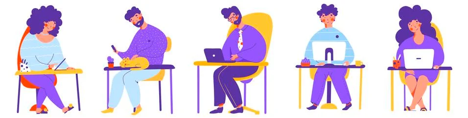 Work from home with smartphone app, flat vector cartoon style. Business concept. Stock Illustration