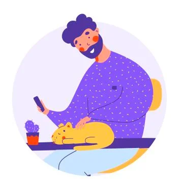Work from home with smartphone app, flat vector cartoon style. Business concept. Stock Illustration