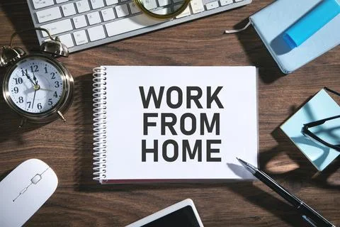 Work From Home text with a business objects. Stock Photos