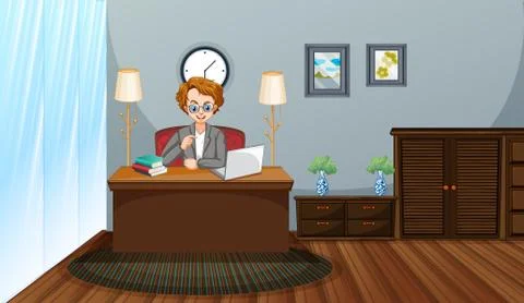 Work from home theme with man working on computer Ilustración de archivo