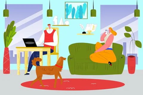 Work at home, vector illustration, flat business man character use laptop Illustrazione stock