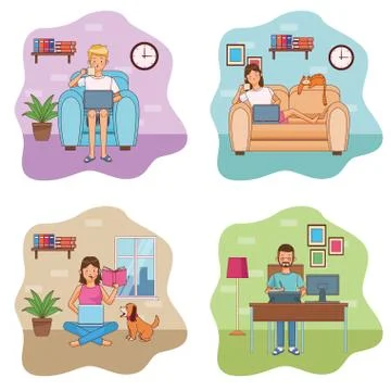 Work at home workers characters Illustrazione stock