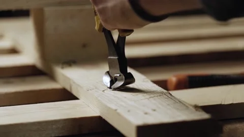 Work with iron cutting pliers. Iron nippers bite off a nail in a wooden board. Видео 166334798