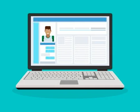 Work on a laptop. Social networks. Vector illustration. Stock Illustration