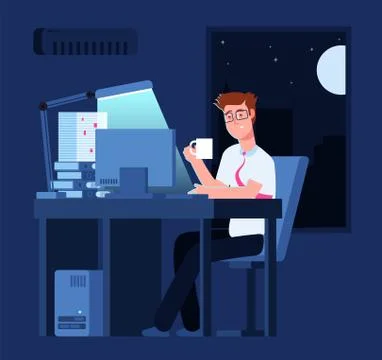 Work late concept. Man at night in office with pile of paper and laptop 스톡 일러스트