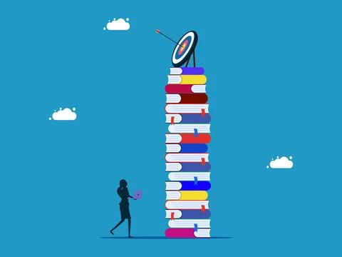 Work on learning goals or finding information. woman with laptop looking at t Stock Illustration