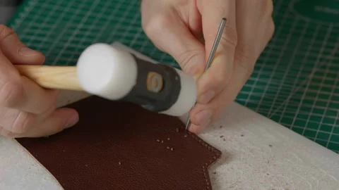 Work with leather, handmade. Stock Footage 332083021