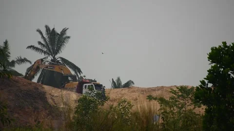 The work of leveling the soil by excavator Stock Footage 253421216