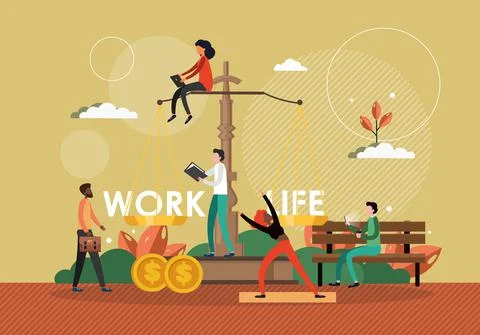 Work life balance concept vector illustration. Scale with work sign on one side Stock Illustration