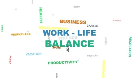 Work-life balance kinetic typography word cloud on white background Stock Footage 341543064