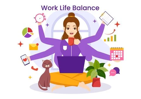 Work Life Balance Vector Illustration of Person Balancing with Job and Fami.. Stock Illustration