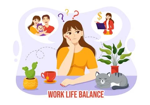 Work Life Balance Vector Illustration of Person Balancing with Job and Fami.. 스톡 일러스트
