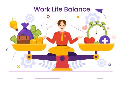 Work Life Balance Vector Illustration of Person Balancing with Job and Fami.. Stock Illustration