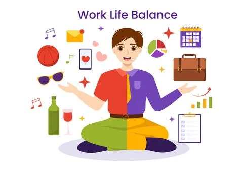 Work Life Balance Vector Illustration of Person Balancing with Job and Fami.. 스톡 일러스트