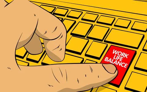 Work life balance words on computer keyboard. Man push keypad on laptop. Comi Illustrazione stock
