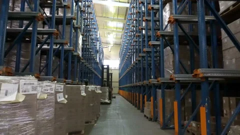 Work of loaders on loading pallets with cardboard boxes on racks Stock Footage 102529413