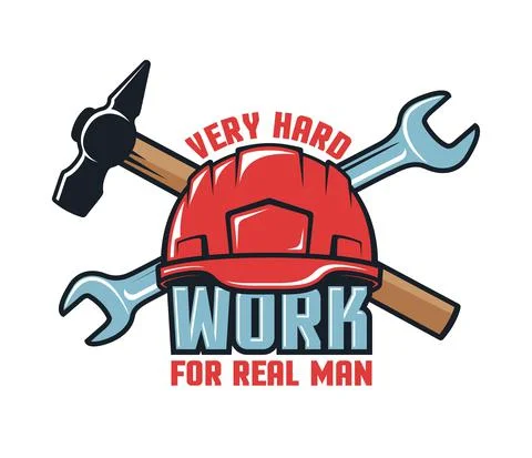 Work logo with hard hat and tools Stock Illustration