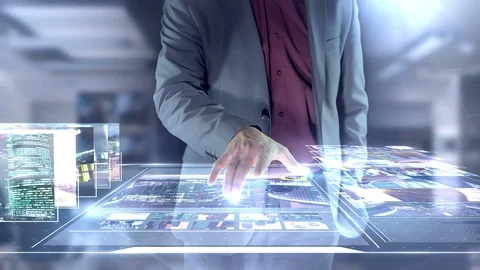 Work with media materials on a virtual panel. Video stock 119701881