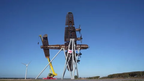 Work nears completion of a full scale landmark art installation of an Avro Lanc Video stock 316619809