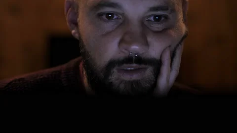Work at night - young stressed man working at computer late Video stock 154835090
