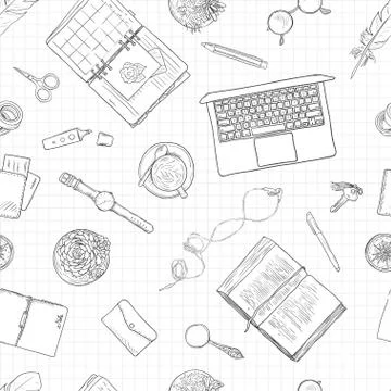Work notes, background studying, creative lifestyle, planning. Seamless pattern 스톡 일러스트