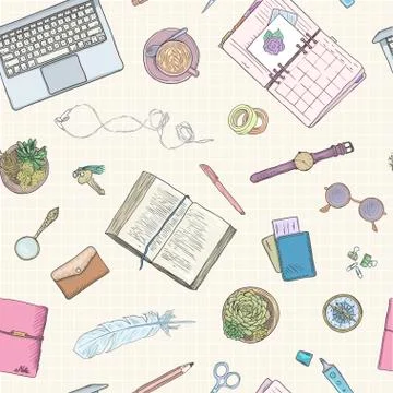 Work notes, background studying, creative lifestyle, planning. Seamless pattern 스톡 일러스트