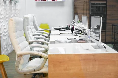 Work office modern place with computers and furniture Foto stock