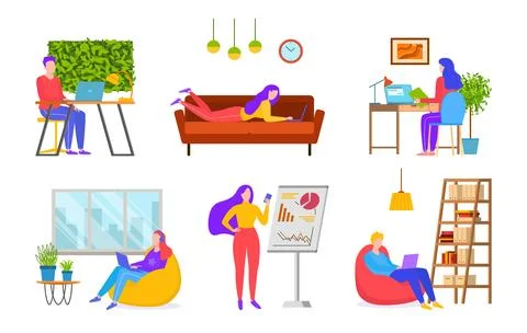 Work in office set, isolated on white vector illustration. Man woman people Stock Illustration