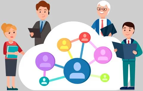 Work with online community, website surfing. Business meeting, discussing social Stock Illustration