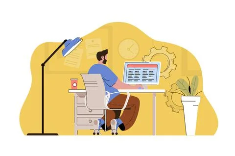 Work optimization concept. Man creates schedule, planning processes and tasks Stock Illustration