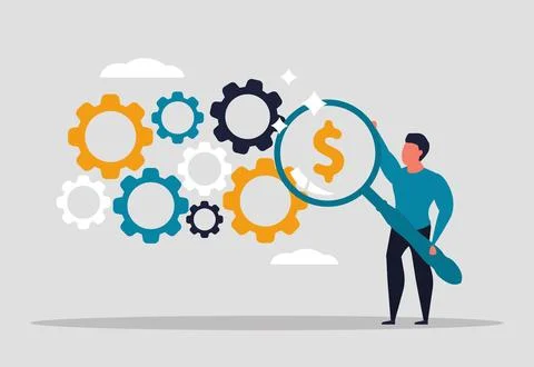 Work optimization for more efficient results. A man stands with a magnifyin.. Stockillustratie