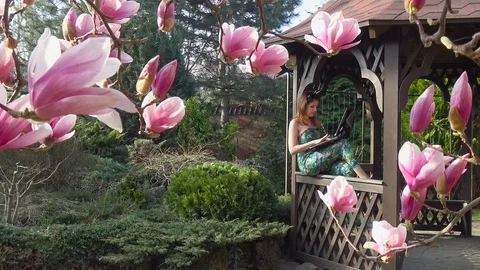 Work or play on the computer in the flowered Magnolia garden is a real pleasure. Vídeos de archivo 73104992
