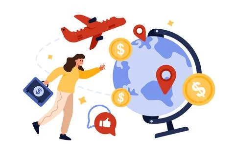 Work or study abroad, international employment program for tiny woman with Stock Illustration