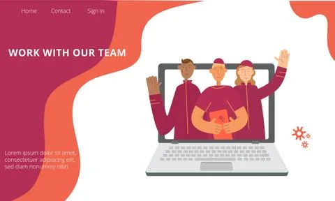 Work with our team - landing page with people and laptop. Vector stock Stock Illustration