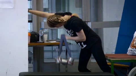 Work Out Room. Strong Young Woman Lifting up Bunch of Heave Iron Weight on the Stock Footage 68029119