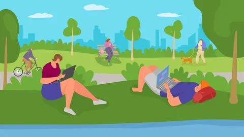 Work person with flat laptop computer in park, vector illustration. Business man Illustrazione stock