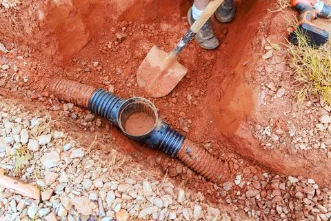 Work on pipe installation in trench during construction project in residential Stock Photos