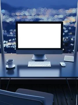 Work place with a city view from window  at night Illustrazione stock