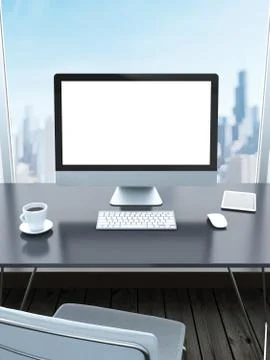 Work place with a city view from window Ilustración de archivo