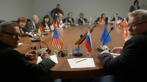 Work place of delegate at political debates. Russian flag, clean sheet of paper Stock Footage 73684607
