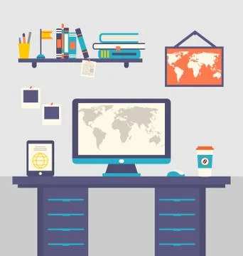Work place home interior, table, tablet pc, computer, monitor, coffee, book.. Stock Illustration