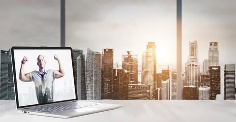 Work place with panoramic view Laptop on table in office with panoramic su... Stock Photos