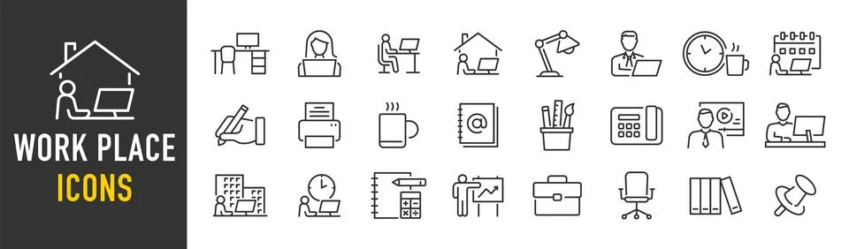 Work place web icons in line style. Online meeting, office chair, table, re.. Stock Illustration