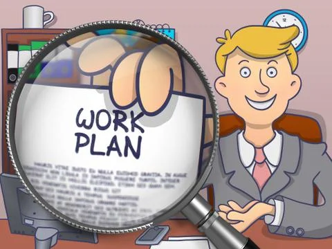 Work Plan through Magnifier. Doodle Style Stock Illustration