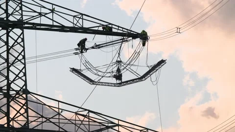 Work on a Power Pole and Transmission Lines Video stock 163084909
