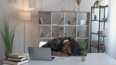 Work pressure exhausted employee man laptop office Stock Footage 194628251