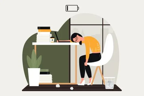 Work problem vector illustration, cartoon sad woman character working hard in Illustrazione stock